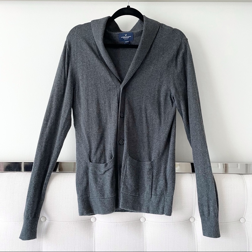 American Eagle Grey Lapel Cardigan With Pockets 100% Cotton